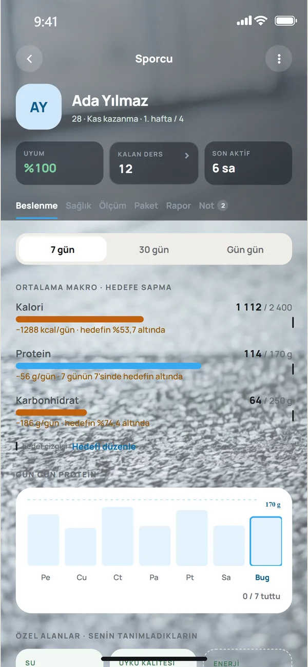 Sporcu dosyası. Yedi günlük makro ortalaması hedefle karşılaştırılıyor.
